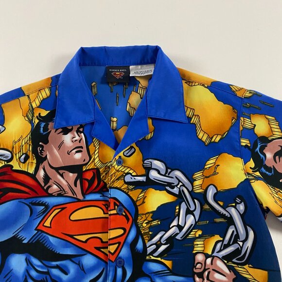 Vintage Superman Shirt Kids Boys Medium 10-12 Button Front Up DC Comics Warner - Picture 2 of 9